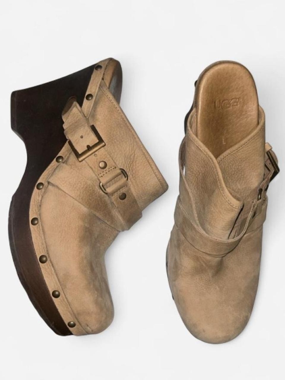 UGG Tan Leather Clog Mules with Studded Trim and Buckle